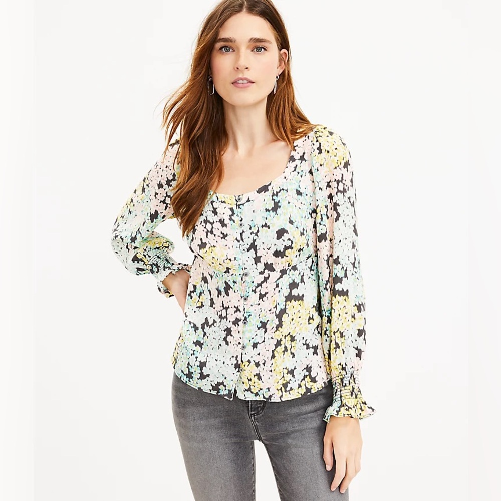 NWT Loft Garden Smocked Cuff Square Neck Blouse Size XL